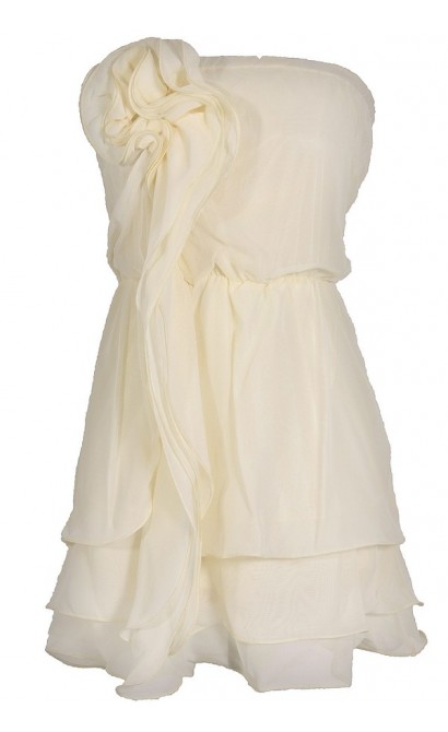 Rosette Waterfall Layered Ivory Blouson Dress